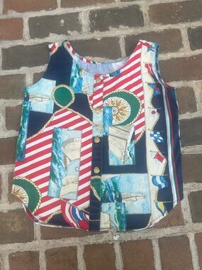 Vintage 90s sleeveless woven cotton AOP nautical sailboat print tank preppy S